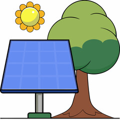 Solar panels, sustainable electric batteries, sun energy glass cells in nature. Green sustainable eco-friendly energy, alternative power concept. Flat vector illustration isolated on white background
