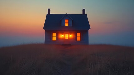a distant silhouette of a childhood home softly illuminated by the fading light of dusk evoking nostalgia and warm memories of simpler times set against a serene backdrop