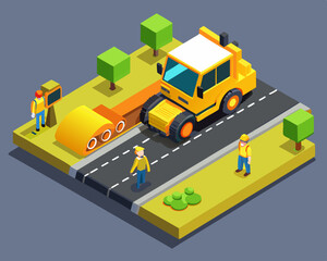 Yellow steamroller for paving asphalt. Road work in 3d isometric scene. Road roller and lorry truck. Asphalting machine with workers on highway. Road pavement improvement. Vector illustration © johndaly
