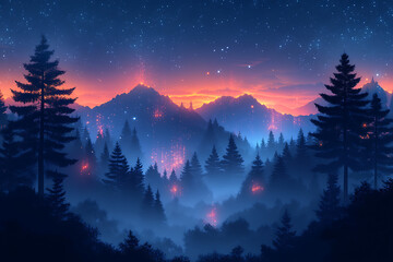 Naklejka premium illustration featuring digital abstract technology with space for titles, layered over a forest background. Ideal for tech design concepts. 