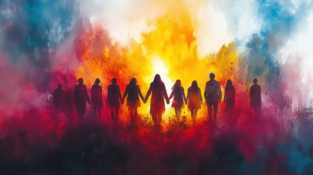 a digital watercolor painting depicting people of various backgrounds holding hands in unity with jesus radiating warmth and spiritual connection