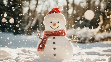 snowman on Christmas Day with house background, winter Xmas, christmas holidays background concept and banner. wool hat and scarf, on snowy snow snowscape with bokeh lights in sun light