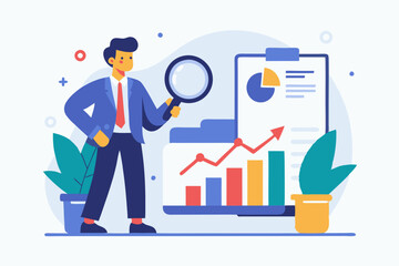 Data analysis chart and report, financial research or analyze information for marketing insight, analytics or optimization diagram, smart information, businessman analyze data with magnifying glass.