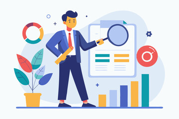 Data analysis chart and report, financial research or analyze information for marketing insight, analytics or optimization diagram, smart information, businessman analyze data with magnifying glass.
