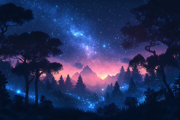 illustration featuring digital abstract technology with space for titles, layered over a forest background. Ideal for tech design concepts.	

