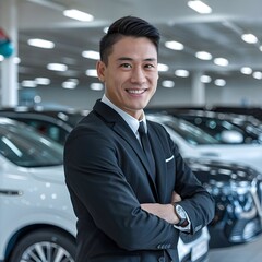 A medium shot of a cheerful Central Asian man in a formal black suit, working as an auto dealer.,generative ai