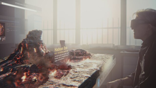 Advanced archaeological lab: 3D graphics simulation of the Earth's evolution process with volcanoes, dinosaurs and Ice Age. Scientist in VR headset conducts historical research using augmented reality