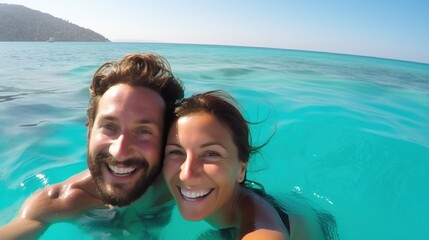 Fototapeta premium A happy couple in their thirties enjoys their holiday, smiling widely as they swim in clear, turquoise waters under a bright sky.