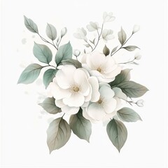 A delicate floral arrangement featuring white flowers and green leaves.