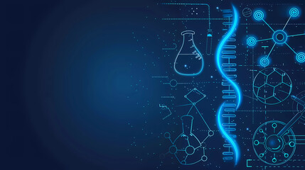digital graphic with a scientific theme. On the right side, various icons are illustrated in a glowing blue outline style against a dark blue background. 