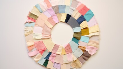 Obraz premium A circular arrangement of pastel fabric scraps forms an artistic pattern on a plain background, showcasing creativity and textile craftsmanship.