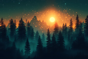 Fototapeta premium illustration featuring digital abstract technology with space for titles, layered over a forest background. Ideal for tech design concepts. 