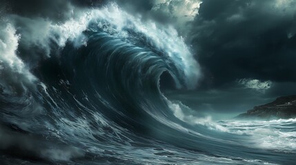 Fototapeta premium A massive tsunami wave rising powerfully from the ocean, captured in mid-motion as it curls and towers over the horizon. The wave is detailed with turbulent water, white foam, and dark.