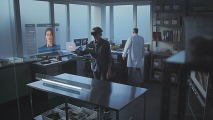 Advanced archaeological lab: VFX animation of holographic display with AI-powered assistant, 3D graphics of ancient dinosaur skull. Archaeologist in VR headset using augmented reality technology.