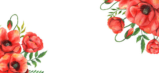Poppy Watercolor Illustration. Green Leaves and Flowers Aquarelle Trendy graphics. Greenery Branches and Blooming Wildflowers. Red Poppy bouquets for luxury wedding invitations, cards, labels.
