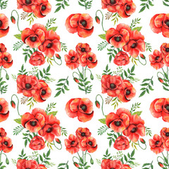 Poppy Watercolor Background. Green Leaves and Flowers Aquarelle Trendy graphics. Greenery Branches and Blooming Wildflowers seamless pattern. Red Poppy bouquets for luxury wedding invitations, cards, 