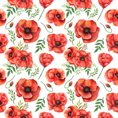 Poppy Watercolor Background. Green Leaves and Flowers Aquarelle Trendy graphics. Greenery Branches and Blooming Wildflowers seamless pattern. Red Poppy bouquets for luxury wedding invitations, cards, 