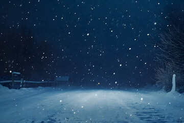Obraz premium Winter night landscape with falling snow