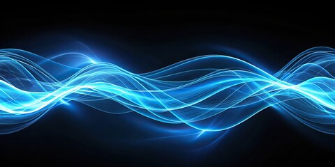 Obraz premium Wide-angle glowing blue waves of light undulate gracefully against a dark background