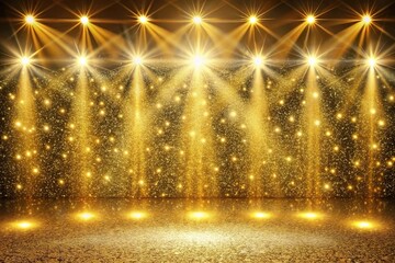 Wide-Angle Golden glitter stage with spotlights ideal for premium ceremonies Lavish Brilliant Illuminated background