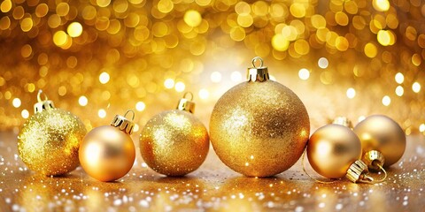 Wide-angle Golden Christmas ornaments sparkle against a festive holiday background