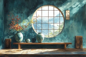 Serene interior with a round window, sunlight, and a floral arrangement on a table