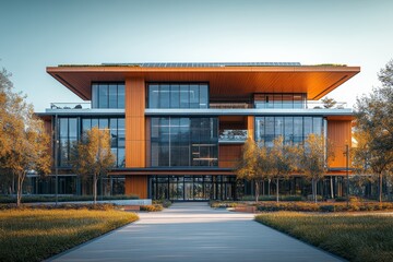 Obraz premium Sleek modern office building with a glass facade and landscaped surroundings