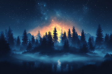 illustration featuring digital abstract technology with space for titles, layered over a forest background. Ideal for tech design concepts.	
