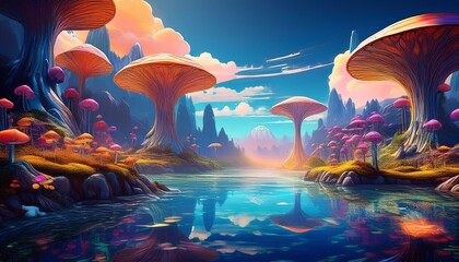 Fototapeta premium Enchanted Mushroom Forest Landscape with Majestic River