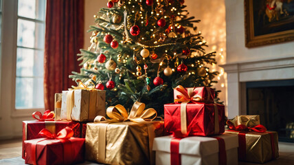 Christmas tree decorated with red and gold ornaments in a luxurious sunlit room, surrounded by gifts.
