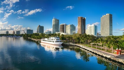 Fototapeta premium North Avenue Pier and city skyline with ferryboat, skyscrapers