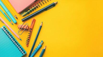 Colorful Stationery Supplies Arranged on Yellow Background