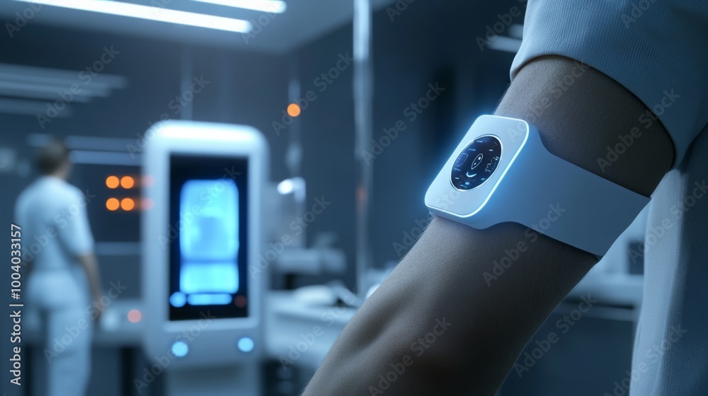 Poster a sleek, innovative health monitoring device is worn on the wrist, displaying vital health data