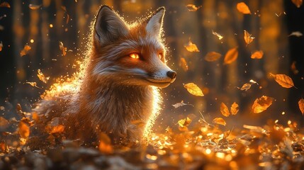 a glowing fiery fox gracefully wanders through an enchanting autumn forest its coat illuminated by the warm hues of the falling leaves evoking a sense of magic and wonder
