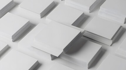 3d render, abstract white geometric background, minimal flat lay, twisted deck of square blank cards with rounded corners. 