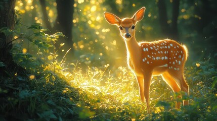 Fototapeta premium a graceful deer standing peacefully in a vibrant forest bathed in dappled sunlight surrounded by the untamed beauty of natures flourishing greenery