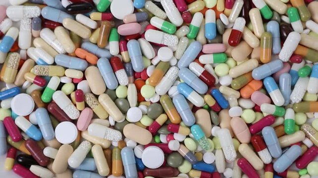 Static overhead seamless loop shot of rotating pile of pills