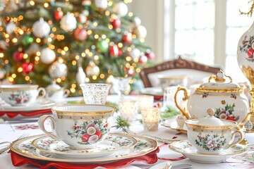 Fototapeta premium Festive holiday tea set with elegant christmas tree background.