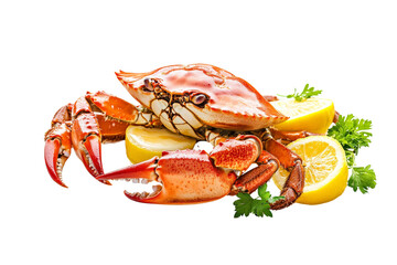 Steamed crab with lemon slices and a drizzle of melted butter ,Isolated on transparent background