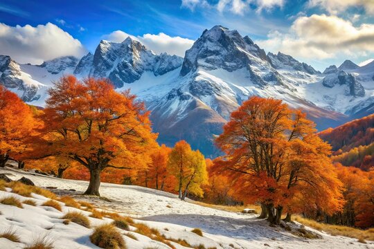 Wide-angle landscape with snow covered mountains and lenga beech trees in autumn colors