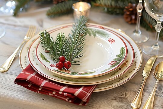 Elegant holiday table setting with festive dinnerware and pine decor for a cozy celebration.
