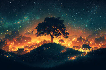 Fototapeta premium illustration featuring digital abstract technology with space for titles, layered over a forest background. Ideal for tech design concepts. 