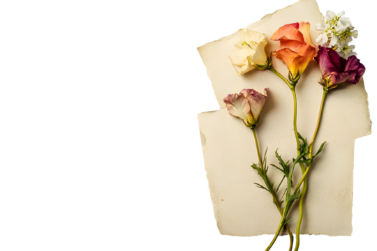 Flowers on vintage sheets of paper on gray background, space for text