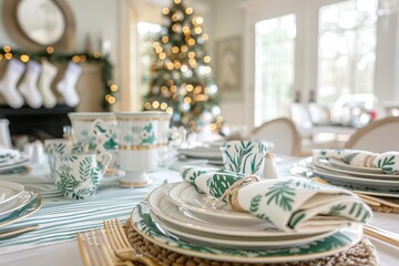 Festive holiday dining table decorated with elegant christmas theme.