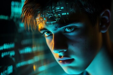 Close-up of a young man's face with digital overlay and glowing teal light