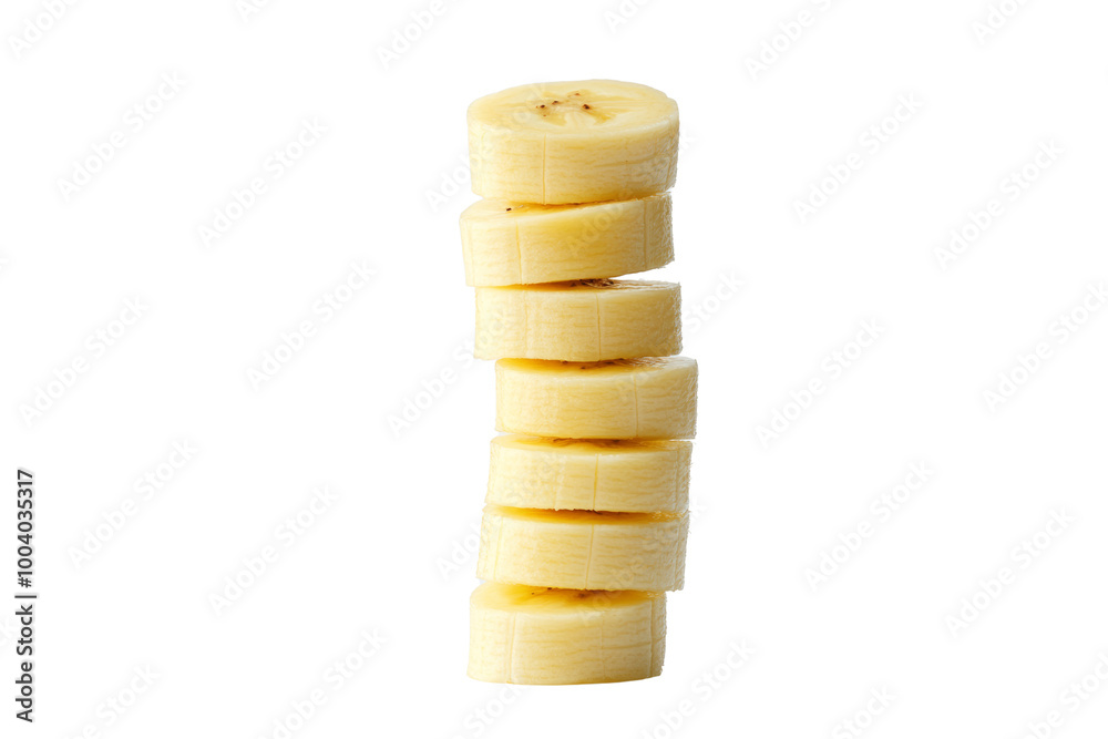 Poster sliced banana rounds stacked on top of each other ,isolated on transparent background