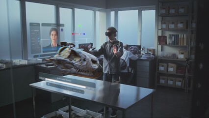 Advanced archaeological lab: VFX animation of holographic display with AI-powered assistant, 3D graphics of ancient dinosaur skull. Archaeologist in VR headset using augmented reality technology.