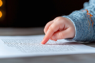 a child's hand slowly tracing words on page with finger