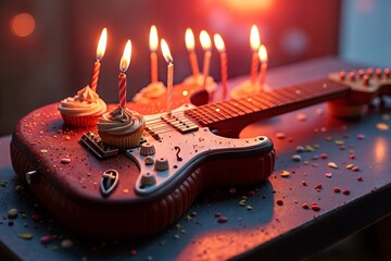 Musical Birthday Treat: Guitar decorated with cupcakes and lit candles