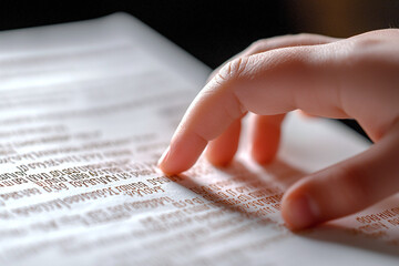 a child's hand slowly tracing words on page with finger